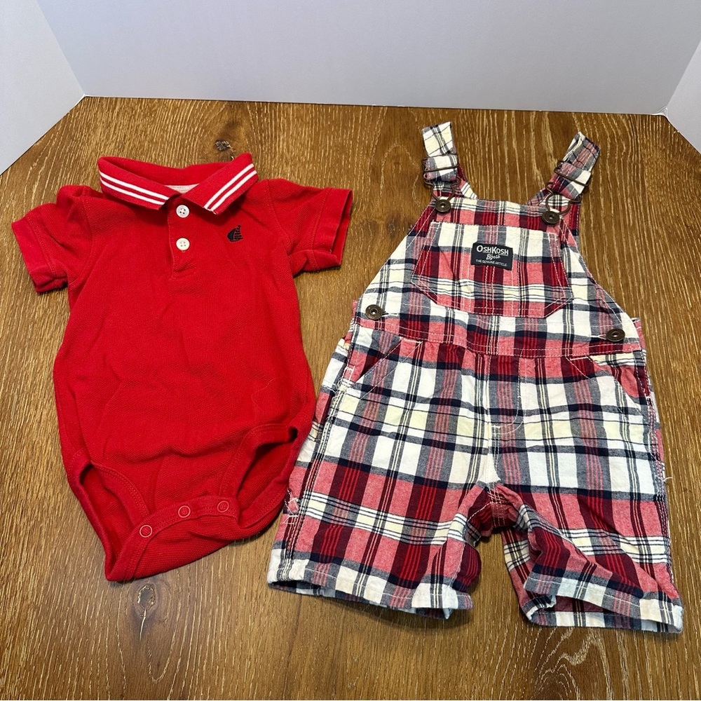Vintage OshKosh Bgosh Red Polo Bodysuit and Plaid Shortalls 12M